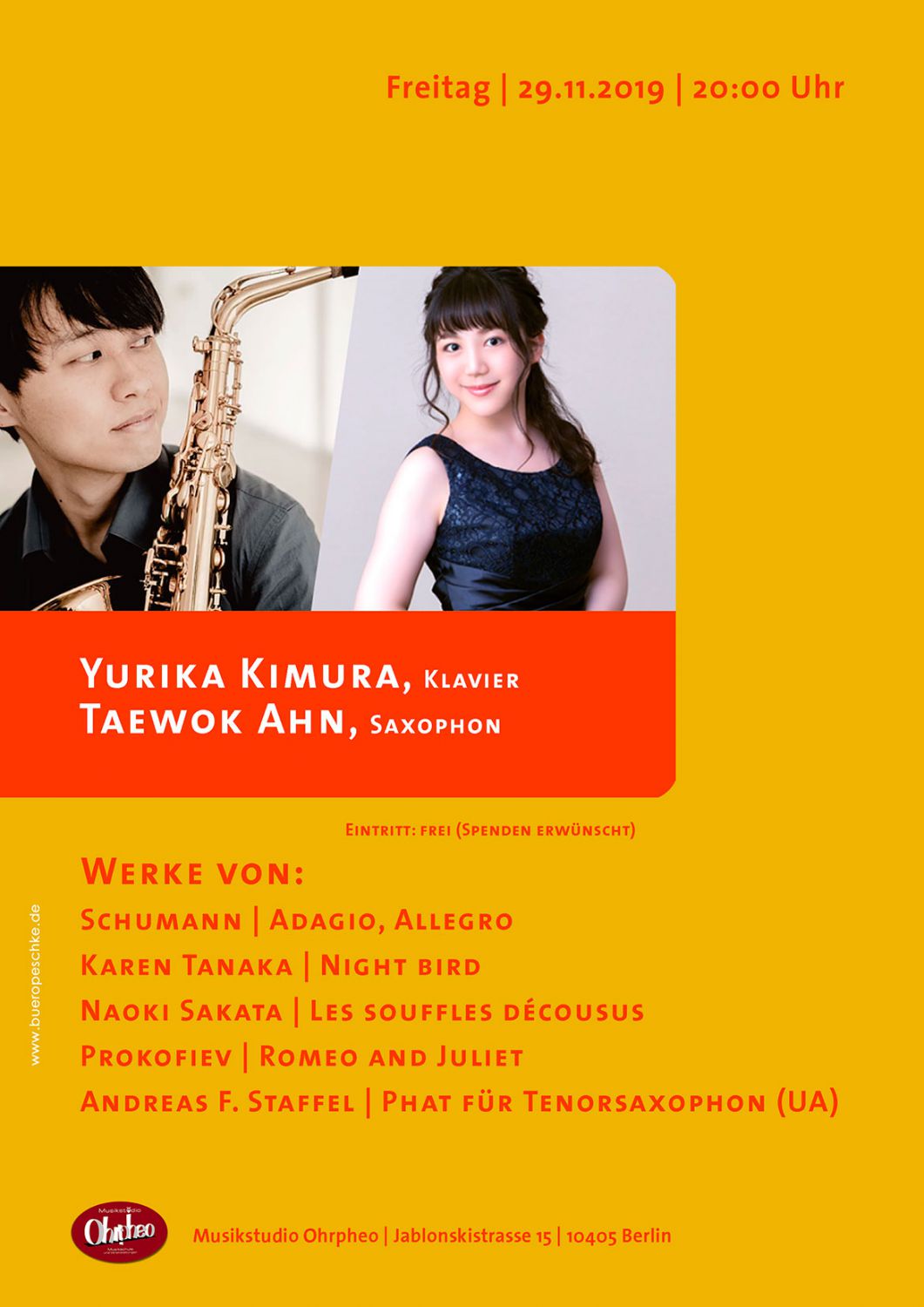 Konzert von Yurika Kimura, Klavier und Taewok Ahn, Saxophon, Ohrpheo Berlin